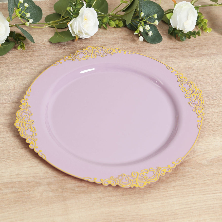 20-Pack Economy Plastic Round Charger Plates 13inch in Lavender Lilac with Gold Embossed