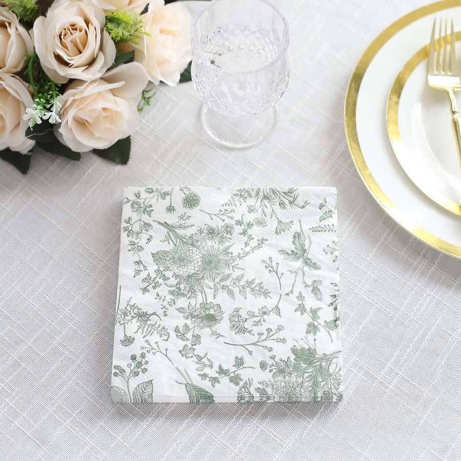 20 Pack Sage Green 2-Ply Paper Beverage Napkins in French Toile Print, Highly Absorbent Soft