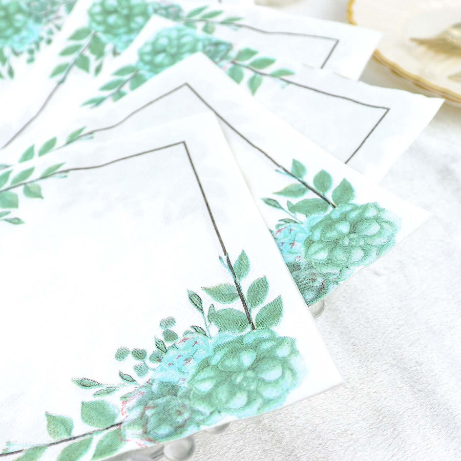20 Pack | White And Green Floral Design Dinner Paper Napkins, Beverage Napkins