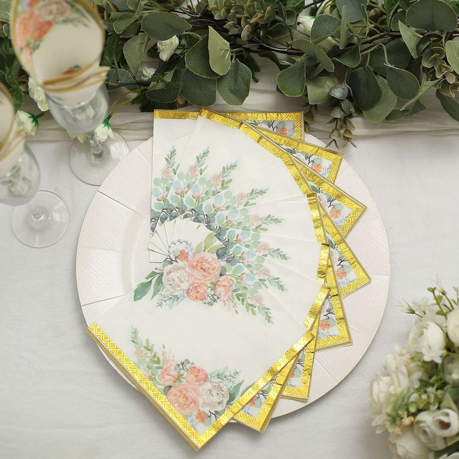 20 Pack | White Gold Trim Pink Peony Floral Design Cocktail Napkins