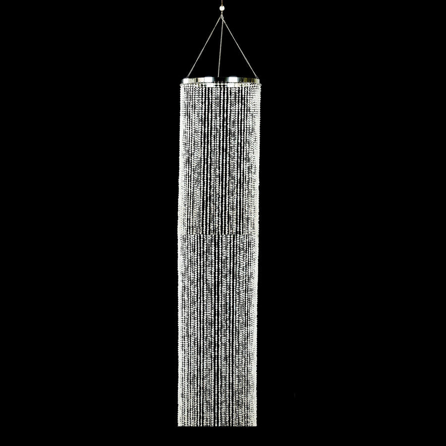 Crystal bead curtain with silver hardware for elegant decor.
