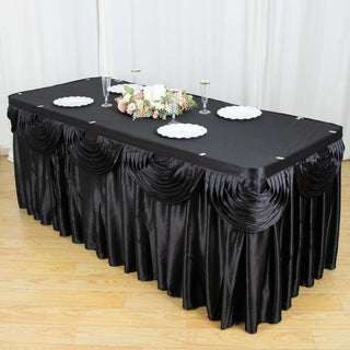 Elevate Your Event Decor with the 21ft Black Pleated Satin Double Drape Table Skirt Elevate Your Event Decor with the 21ft Black Pleated Satin Double Drape Table Skirt