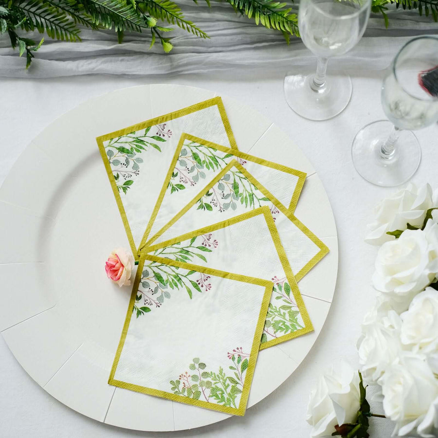 10Inch White Tropical Greenery Soft 2-Ply Paper Dinner Napkins, Eucalyptus Disposable Napkins