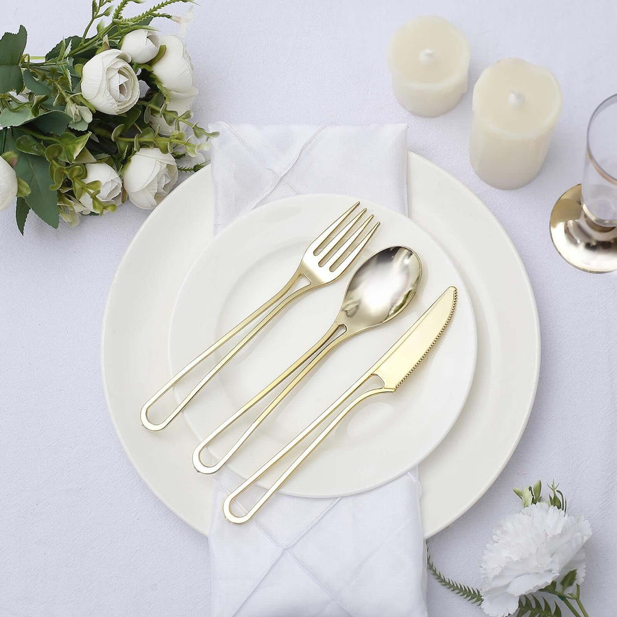 24 Pack | 7inch Gold Modern Hollow Handle Design Plastic Silverware Set