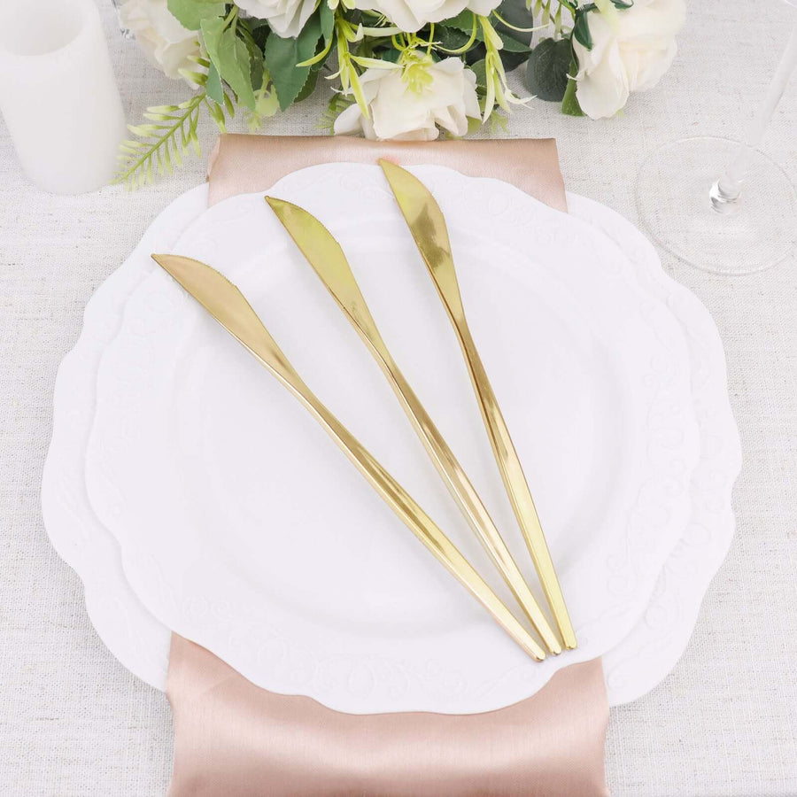 8inch Glossy Gold Heavy Duty Plastic Silverware Knives Cutlery, Premium Disposable Sleek Flatware