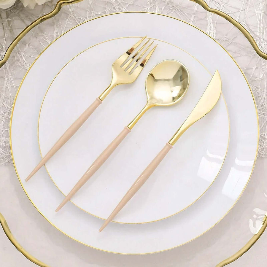 24 Pack | 8inch Metallic Gold With Beige Silverware Set, Modern Premium Plastic Utensil Set