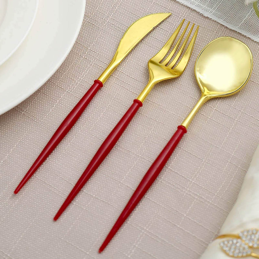 24 Pack | Gold 8inch Modern Flatware Set, Heavy Duty Plastic Silverware With Red Handles