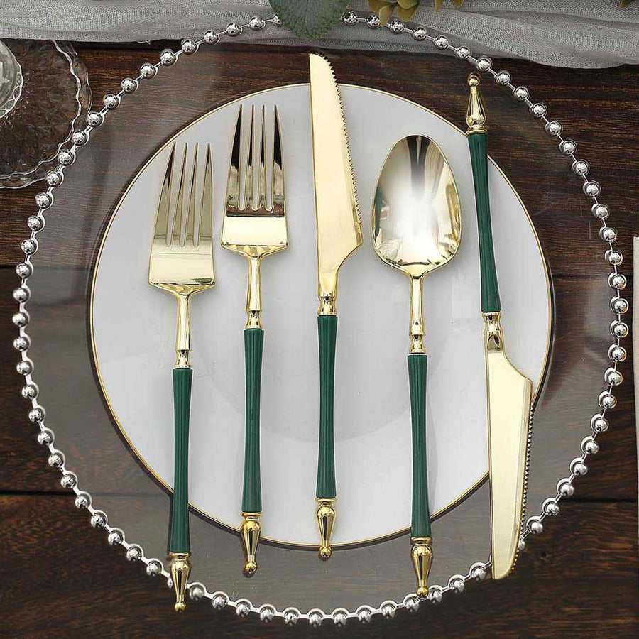 24 Pack | Gold / Hunter Emerald Green European Plastic Silverware Set with Roman Column Handle