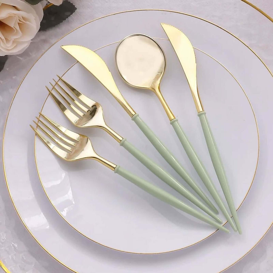 24 Pack Metallic Gold With Sage Green Silverware Set, 8inch Modern Premium Plastic Utensil
