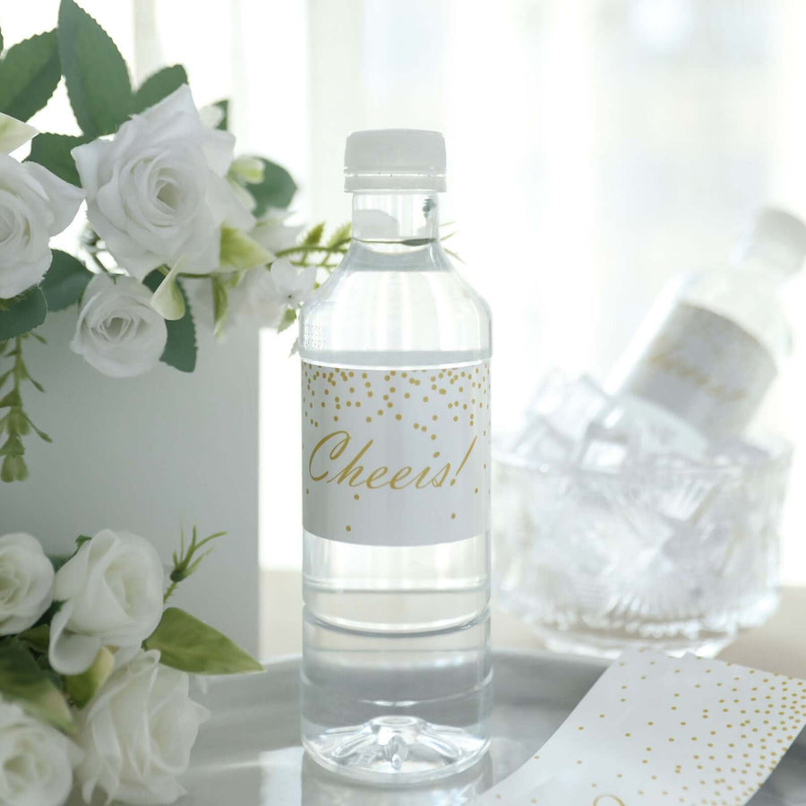 24 Pack | White & Gold Cheers Wedding Party Water Bottle Labels, Waterproof Label Stickers