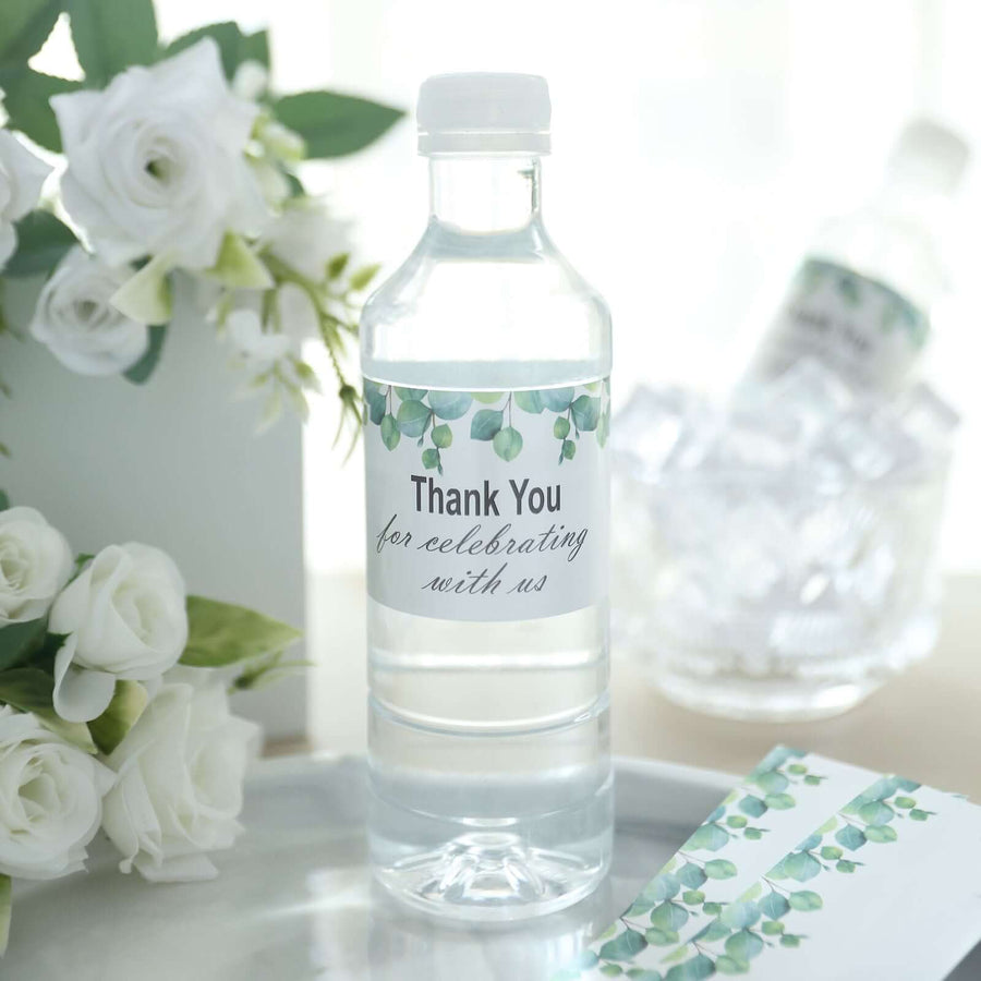 24 Pack | White & Green Leaves Thank You Party Water Bottle Labels, Waterproof Label Stickers