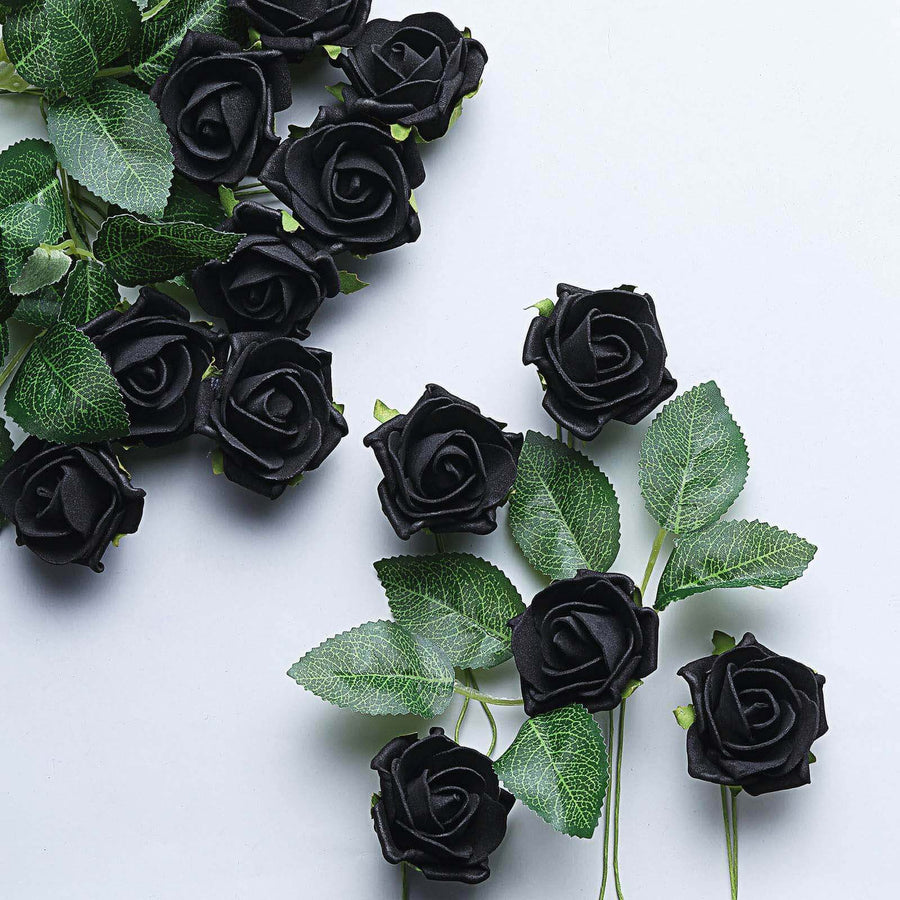 24 Roses | 2inch Black Artificial Foam Flowers With Stem Wire and Leaves