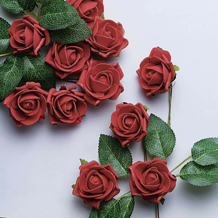 24 Roses | 2inch Red Artificial Foam Flowers With Stem Wire and Leaves