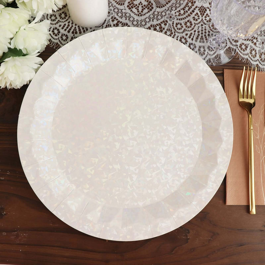 Holographic disposable plate on a wooden table with floral decor.