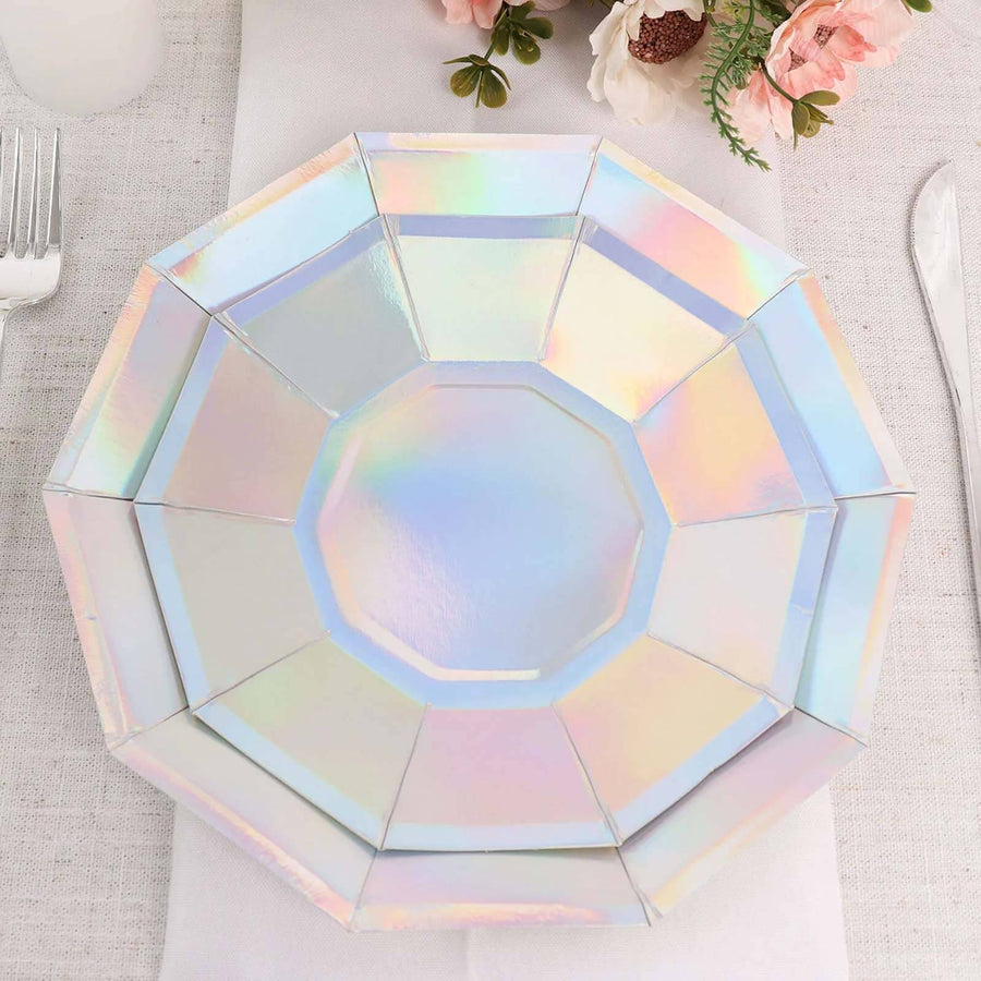 Iridescent octagonal plate on a table setting with flowers.