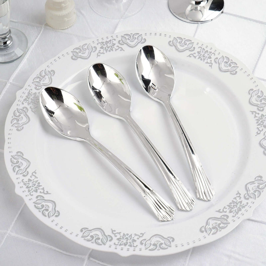 25 Pack | Silver Heavy Duty 7Inch Plastic Spoons, Disposable Silverware