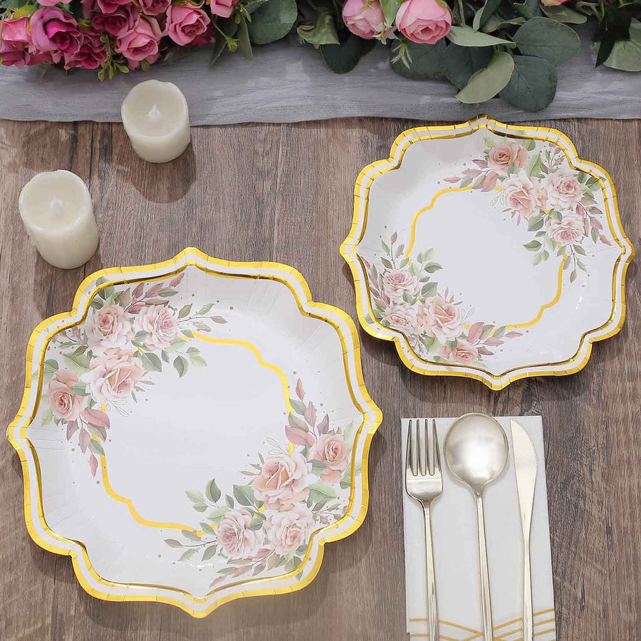 25 Pack | 8inch White/Gold Floral Scallop Rim Salad Party Paper Plates, Appetizer Dessert Plates