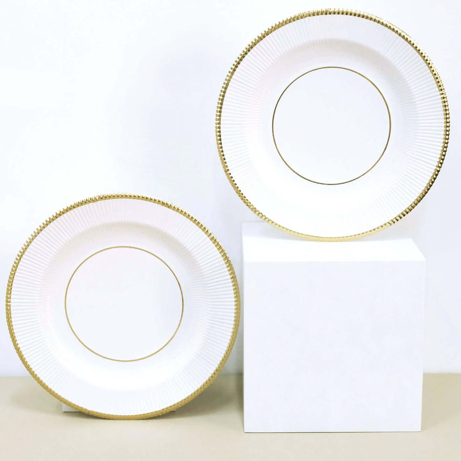 White Sunray Gold Rimmed 8inch Dessert Appetizer Paper Plates, Disposable Party Plates - 350 GSM