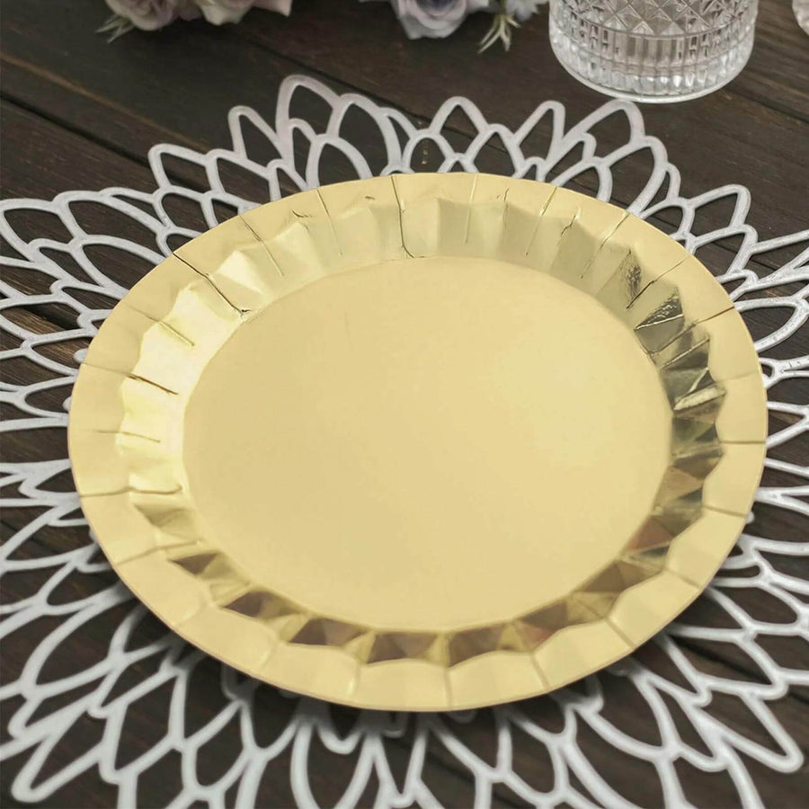 Gold decorative plate on a lace doily background.