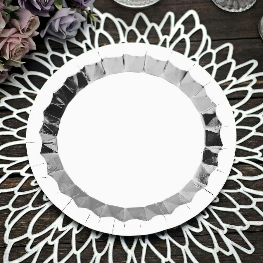 9inch Geometric Metallic Silver Foil Dinner Paper Plates, Disposable Party Plates - 400 GSM
