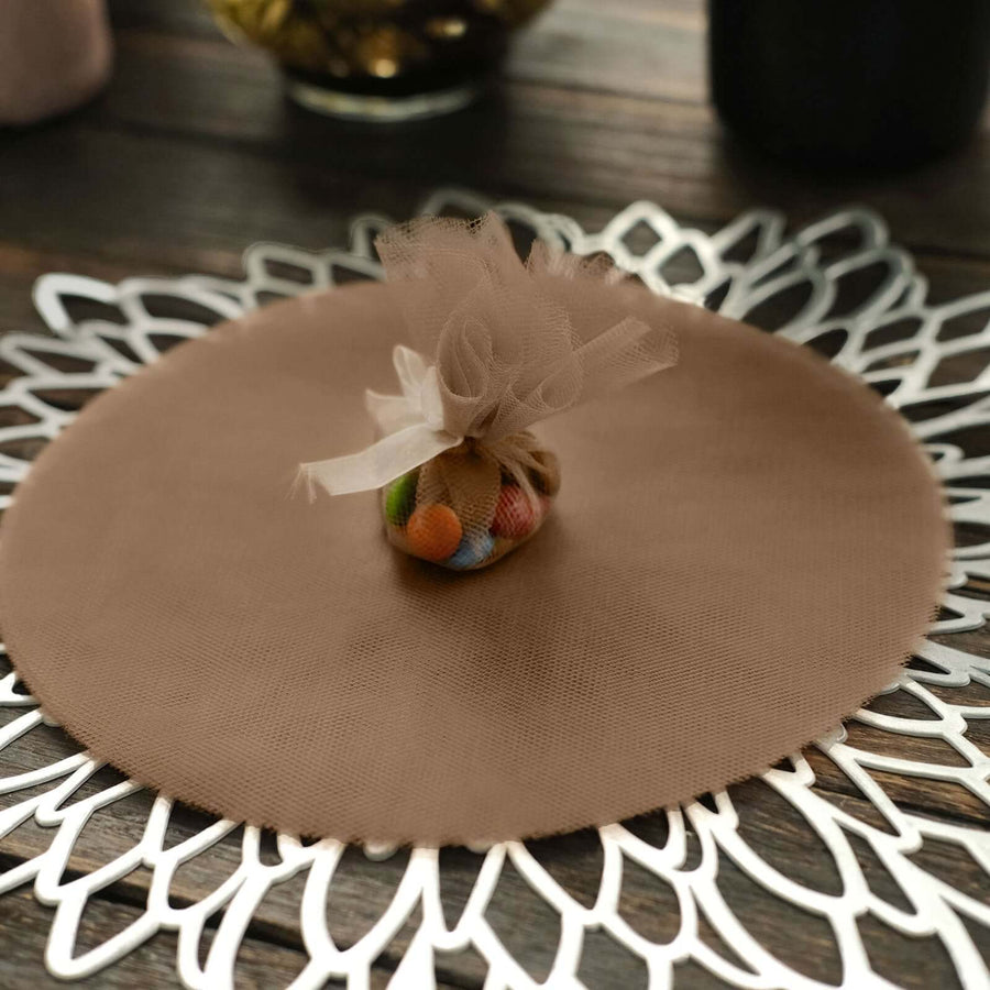 Brown table setting with a decorative pouch of colorful candies.