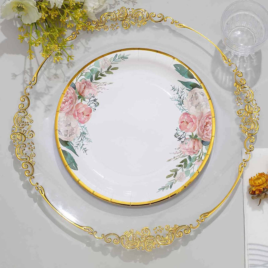 25 Pack | 9inch White Elegant Floral Design Gold Rim Party Paper Plates