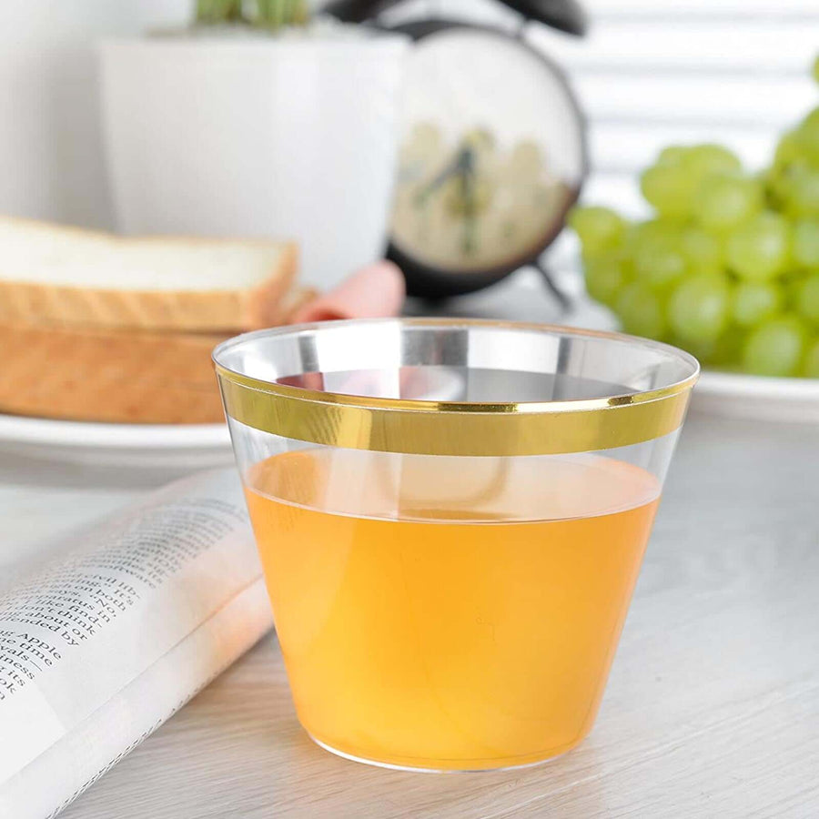 25 Pack | 9oz Clear Gold Crystal Collection Plastic Tumblers Cups, Disposable Cocktail Cups