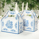 25 Pack Candy Gift Tote Gable Boxes in White Royal Blue Damask Floral Pattern, Party Favor Treat Box