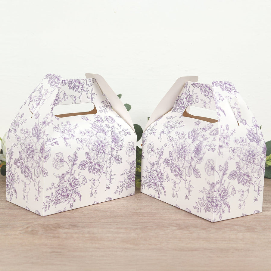 25 Pack Candy Treat Tote Boxes in French Toile Pattern - Matte Lavender and White Gable Boxes