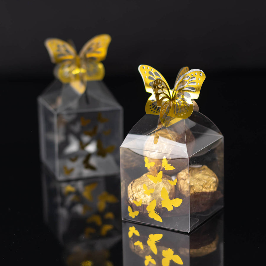 25 Pack Clear Transparent Square Party Favor Boxes with Gold Butterfly Top, Clear Candy Treat Gift