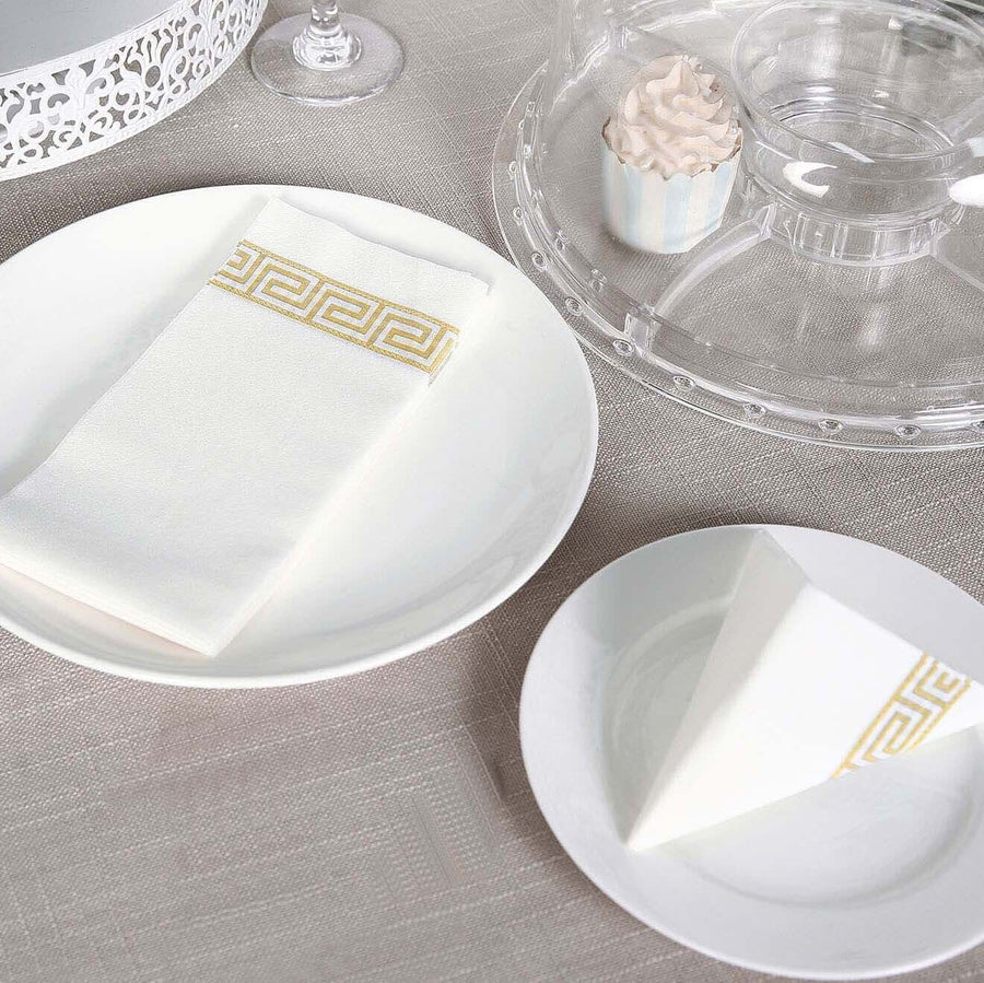25 Pack Linen-Like Paper 8"x4" Napkins White with Gold Greek Key Design - Soft & Absorbent Airlaid