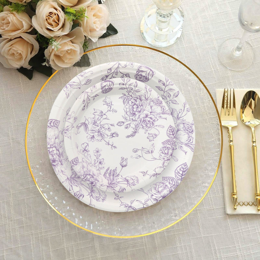 25 Pack 7inch French Toile Disposable Salad Plates, White Lavender Lilac Round Paper