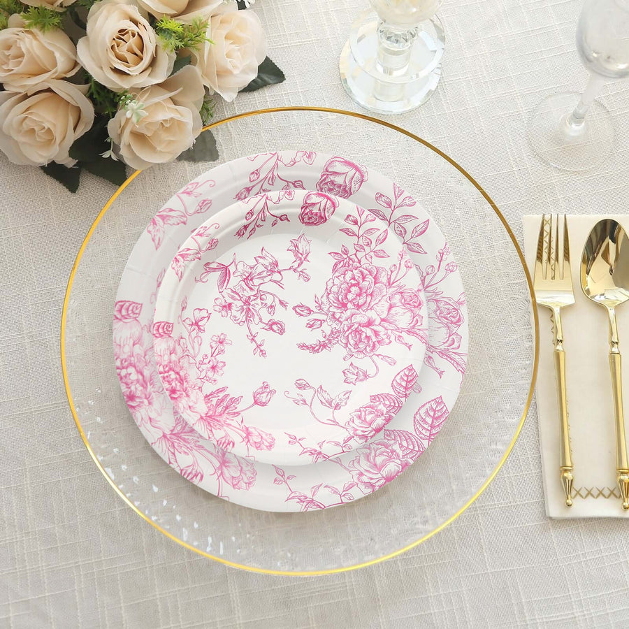 25 Pack 7inch French Toile Disposable Salad Plates, White Pink Round Paper Appetizer