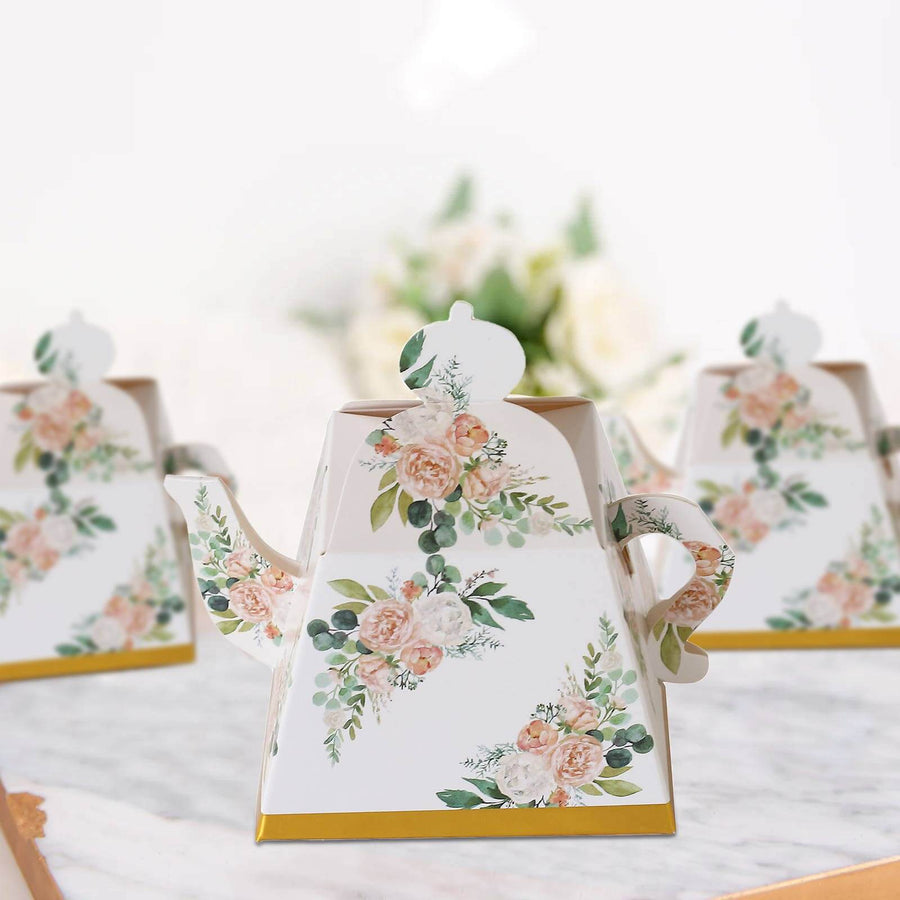25 Pack Pink Peony Floral Mini Teapot Party Favor Boxes with Gold Edge Gift Boxes