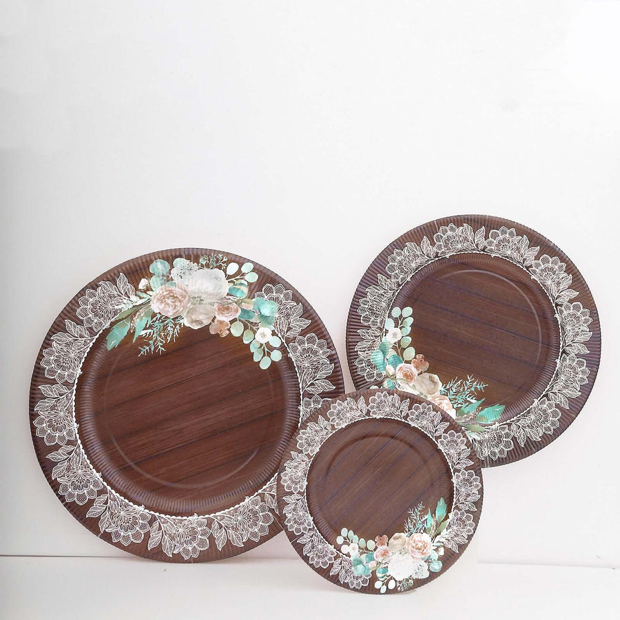 25 Pack Round Paper Charger Plates in Brown Rustic Wood Print, 13inch Disposable Charger Plates
