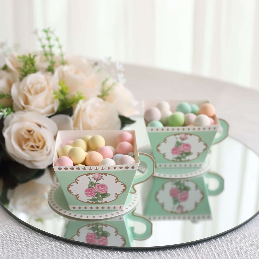 25 Pack Turquoise Mini Teacup and Saucer Party Favor Boxes with Rose Floral Print