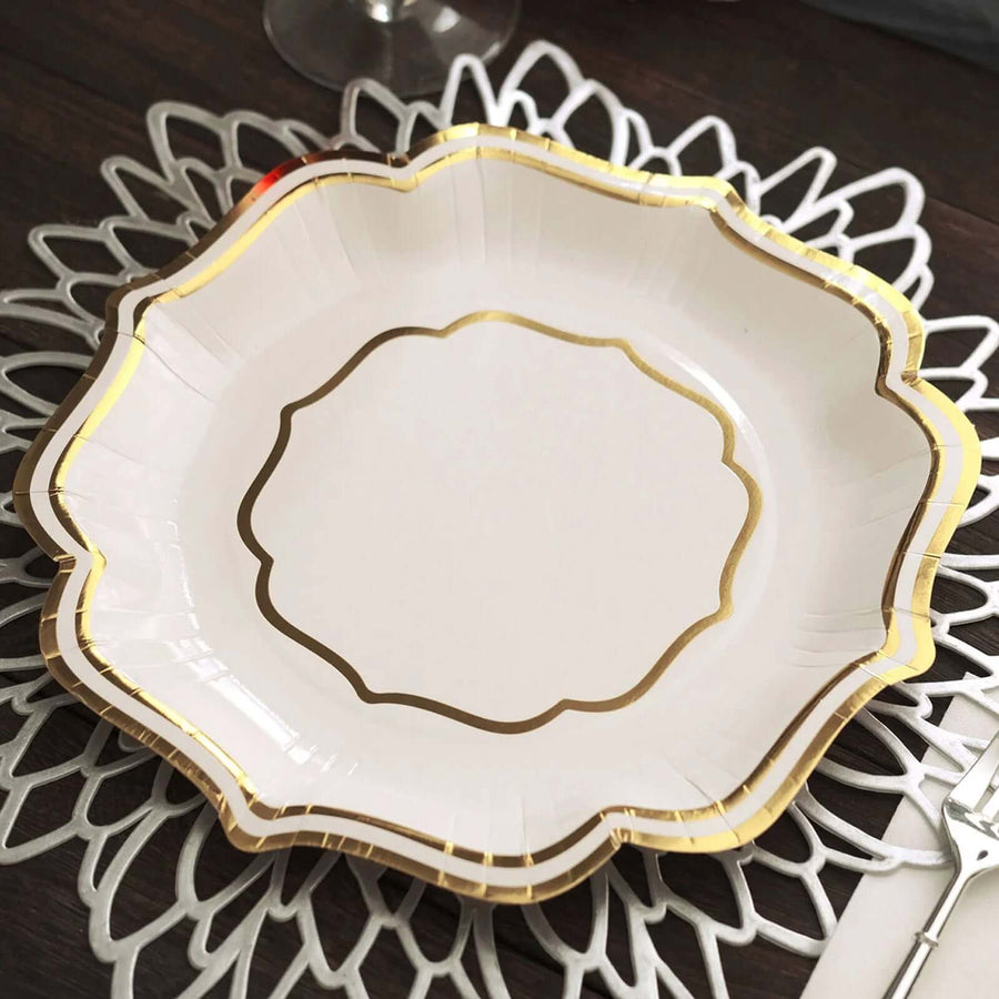 25 Pack | White/Gold 10inch Scallop Rim Dinner Party Paper Plates, Disposable Plates
