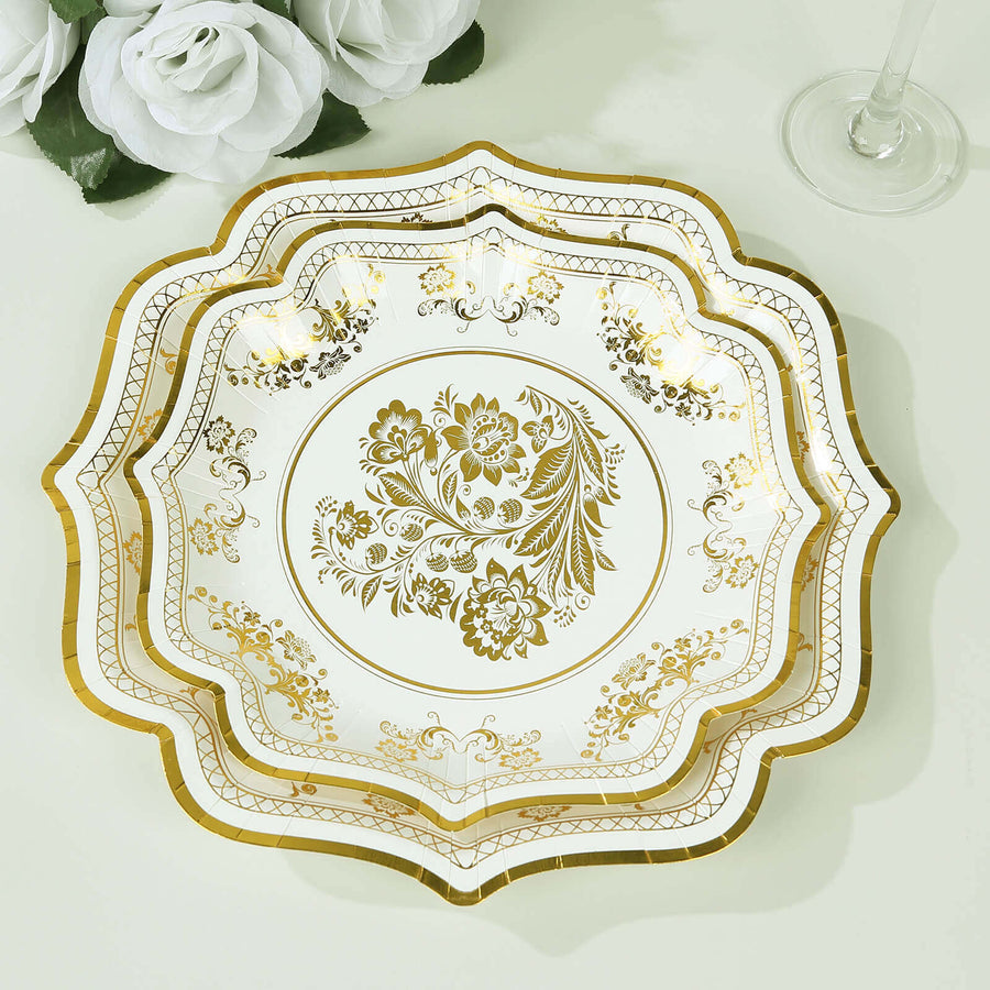 25 Pack White Gold Disposable Salad Plates in French Toile Floral Pattern, 8inch Round Appetizer