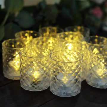 12 Pack 3" Clear Acrylic Diamond Whiskey Glass LED Votive Candle Lamps, Warm White Battery Operated Tealight Candle Holder Sets