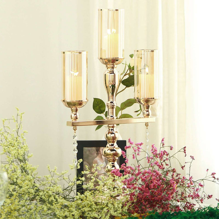Gold Metal 3 Arm Candelabra with Amber Glass Shade, Hurricane Glass Pillar Candle Holders