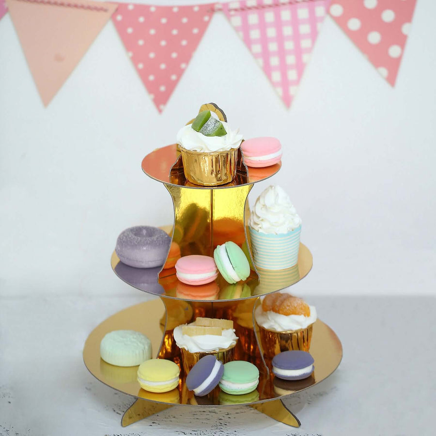 14inch 3-Tier Metallic Gold Cardboard Cupcake Dessert Stand Treat Tower