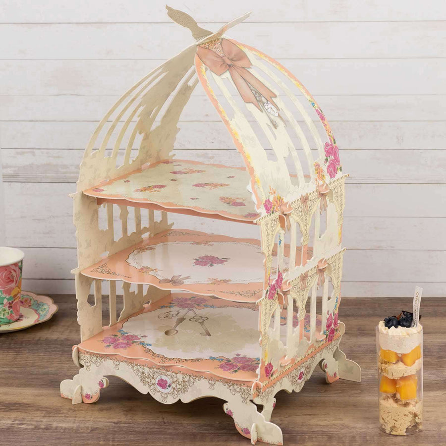3 Tier White Peach Birdcage Cardboard Dessert Display Stand With Floral Print, 18inch Cake Display
