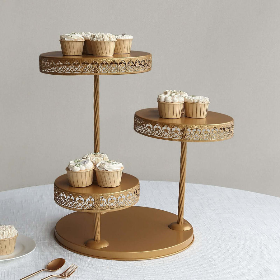 Gold cupcake stand with decorated cupcakes, elegant dessert display.