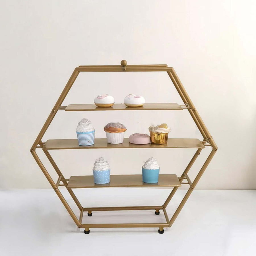 21Inch Matte Gold Metal 3-Tier Cupcake Stand, Hexagon Dessert Holder, Appetizer Display