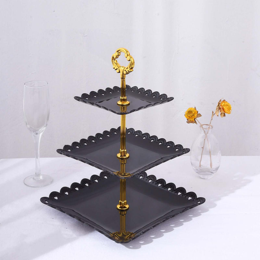 3-Tier 13inch Black Gold Lightweight Cupcake Stand Holder with Heart Wavy Edge