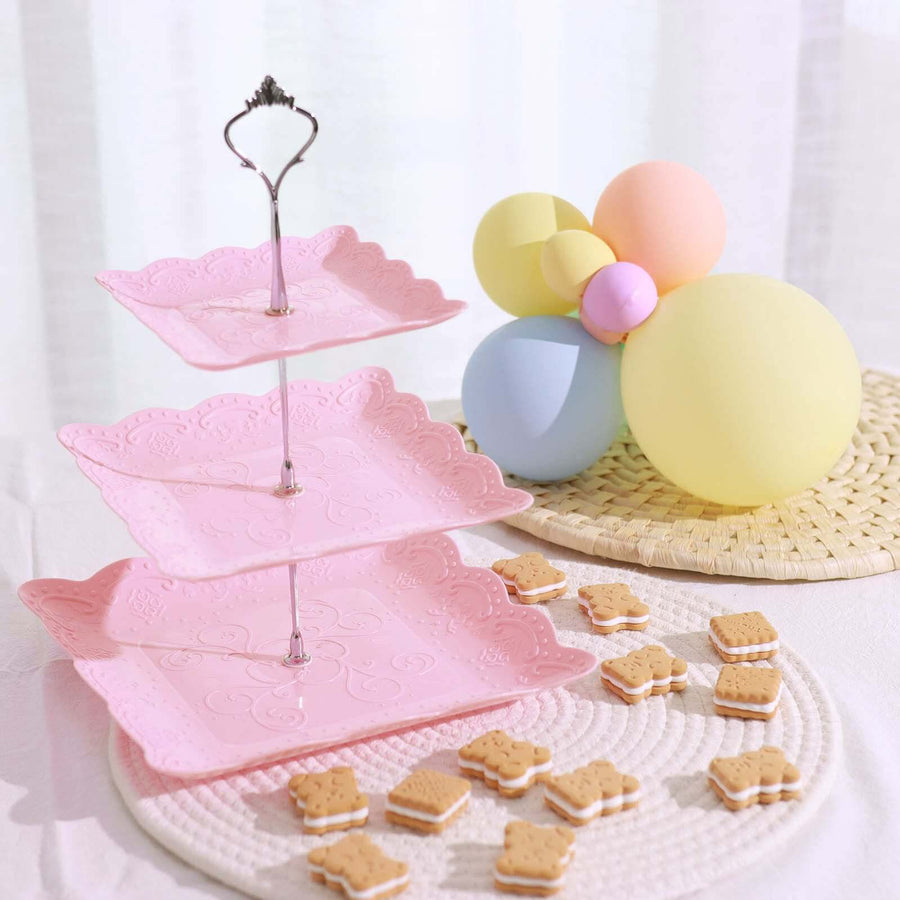 3-Tier 13inch Pink Lightweight Cupcake Stand Holder with Floral Embossed Scalloped Rim, Square