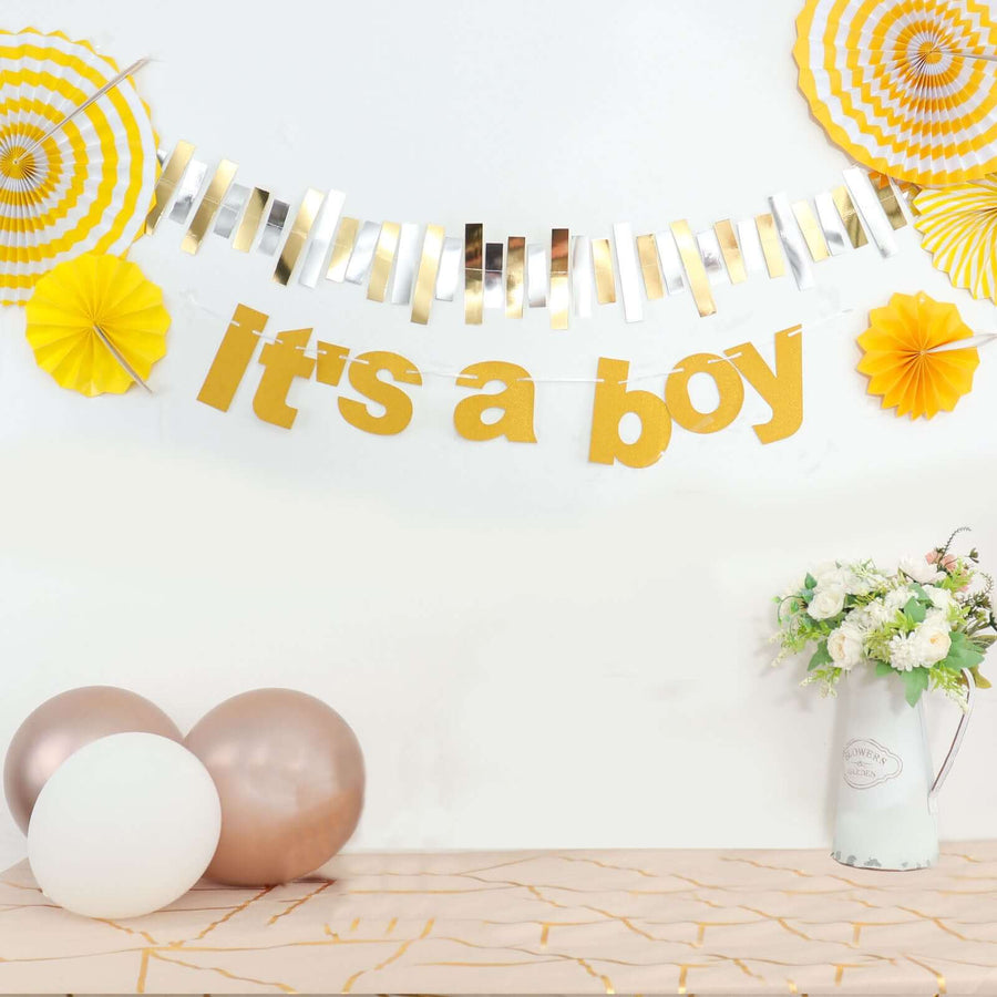 Gold Glittered It's a Boy Paper Hanging Gender Reveal Garland Banner, Baby Shower Banner