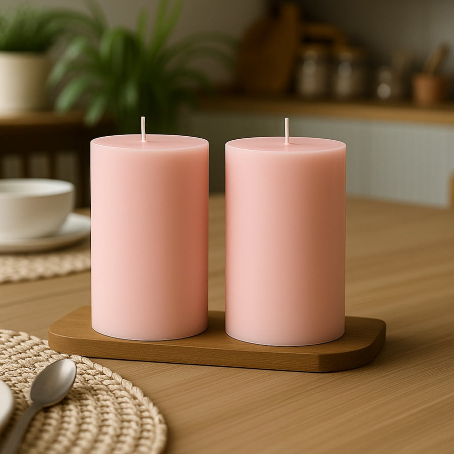 Pink candles on a wooden tray in a cozy kitchen setting.
