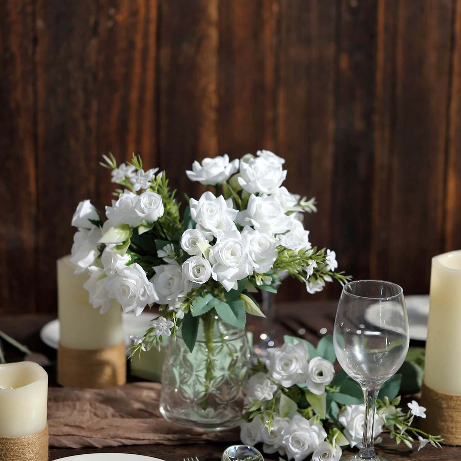 4 Bushes | 12inch White Real Touch Artificial Silk Rose Flower Bouquet