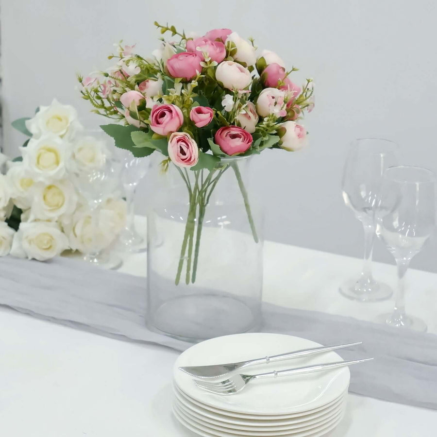 4 Pack | 12inch Artificial Pink Ranunculus Silk Flower Bridal Bouquets